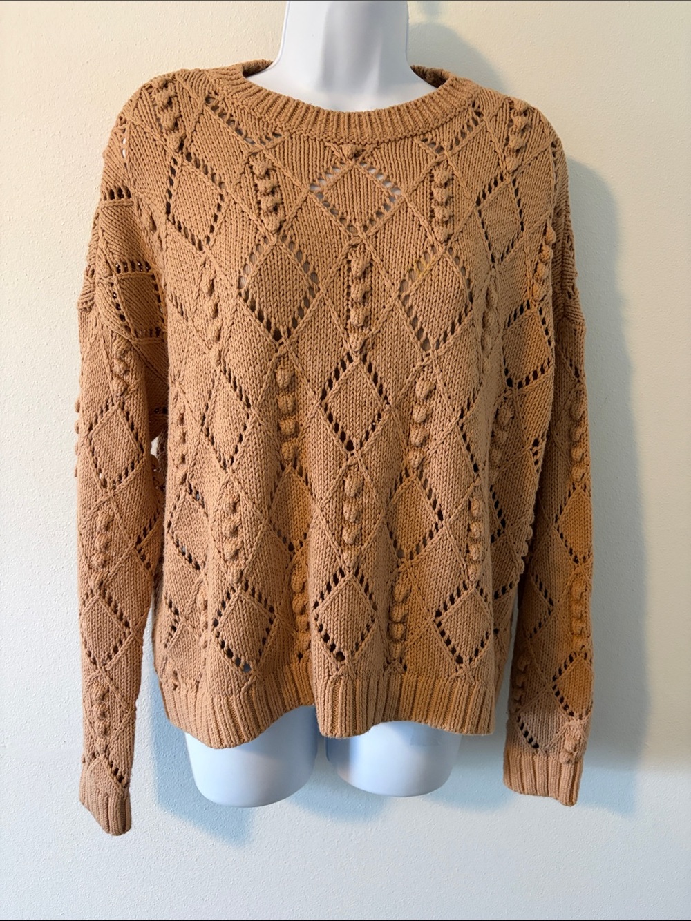 LOFT Open-Knit Crewneck Sweater in Camel Tan